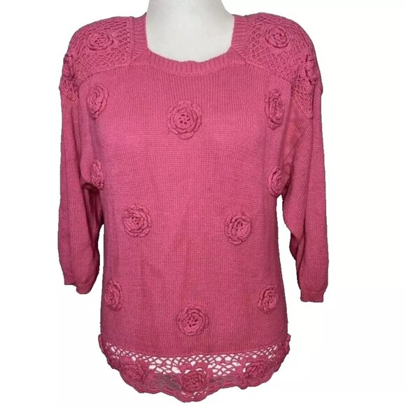 Sweater Bee Banff Sweater Womens Vtg Pink Rosette Shoulder Pad 90s Cottage Large - Picture 1 of 7